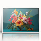 Tropical floral wall art design featuring vibrant botanical illustrations in a white frame, perfect for adding a touch of nature to modern home decor. Ideal for enhancing living spaces with a fresh, colorful aesthetic that evokes a serene ambiance.