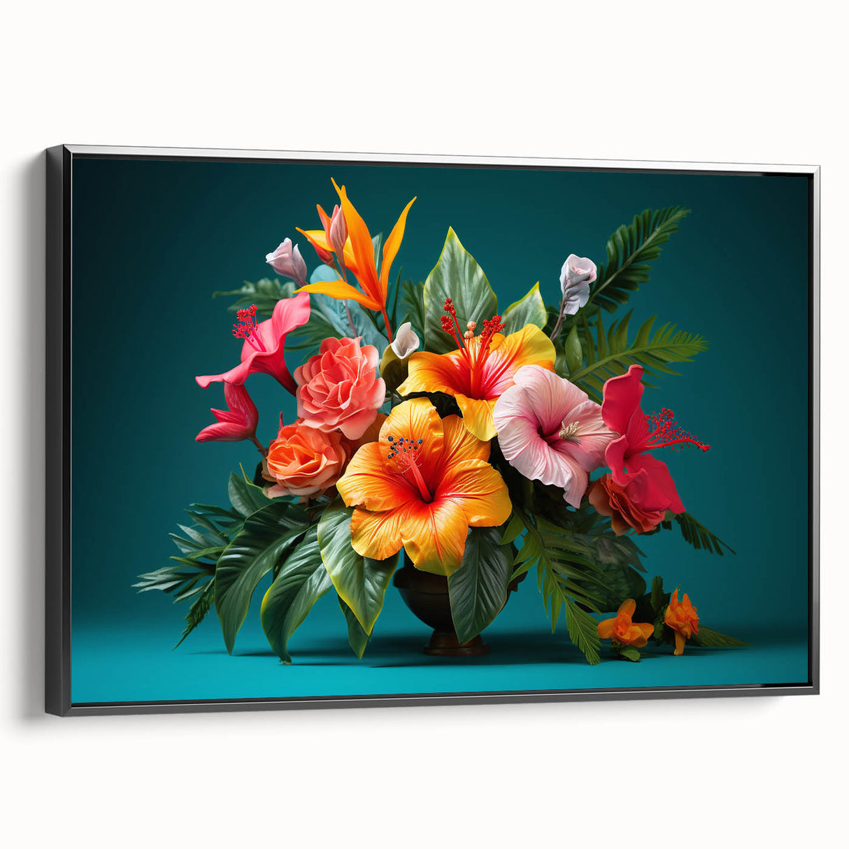 Framed canvas wall art featuring a vibrant tropical flower design in rich colors, showcasing intricate botanical details against a sleek black frame, ideal for modern decor.