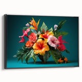 Framed canvas wall art featuring a vibrant tropical flower design in rich colors, showcasing intricate botanical details against a sleek black frame, ideal for modern decor.