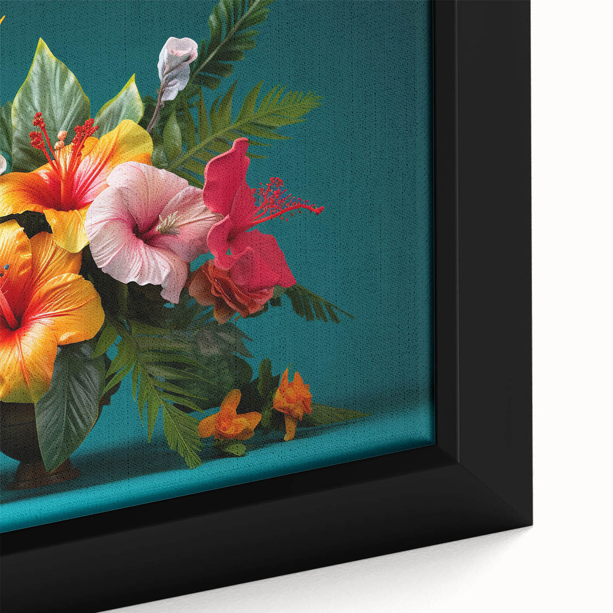 Close-up of a vibrant tropical botanical flower design wall art print, featuring vivid colors and detailed textures on a framed canvas, perfect for home decor.