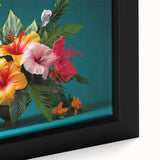Close-up of a vibrant tropical botanical flower design wall art print, featuring vivid colors and detailed textures on a framed canvas, perfect for home decor.