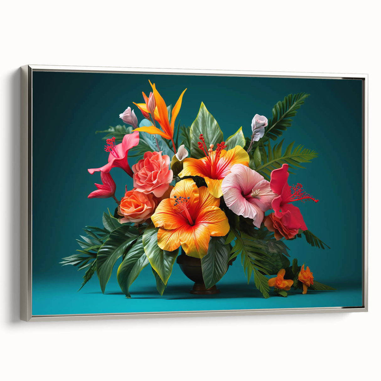 Framed tropical flower wall art featuring vibrant colors and intricate botanical details, showcased in a sleek silver frame, perfect for home decor enhancement.