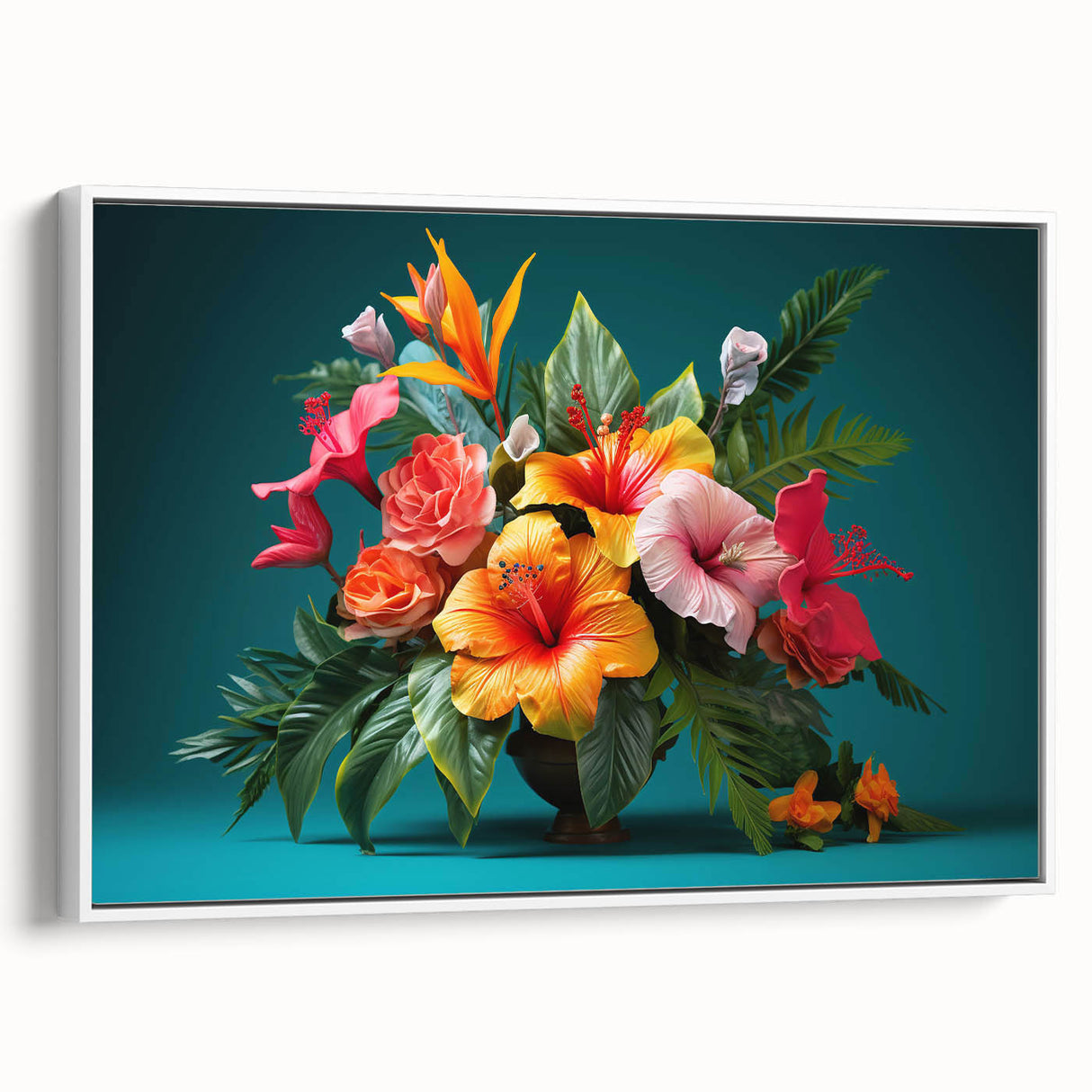 Framed canvas wall art displaying a vibrant botanical tropical flower design with rich colors, showcased in a white frame, ideal for enhancing home decor.