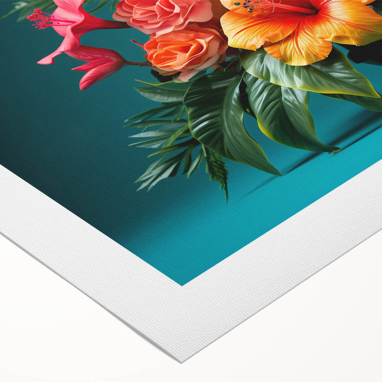 Tropical botanical wall art design on rolled canvas, showcasing vibrant flowers and lush greenery, perfect for enhancing modern home decor aesthetics.