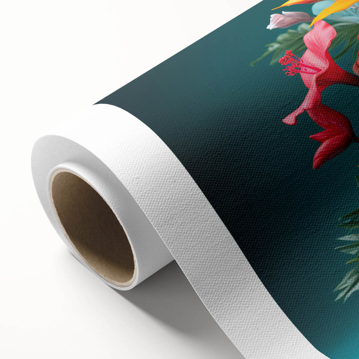 Vibrant botanical tropical flower design on a rolled canvas, showcasing rich colors and intricate details, perfect for home decor or gallery display.