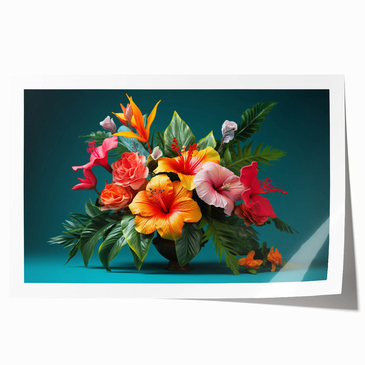 Tropical botanical wall art print showcasing vibrant flowers in rich colors, perfect for home decor, delivered rolled in protective packaging.