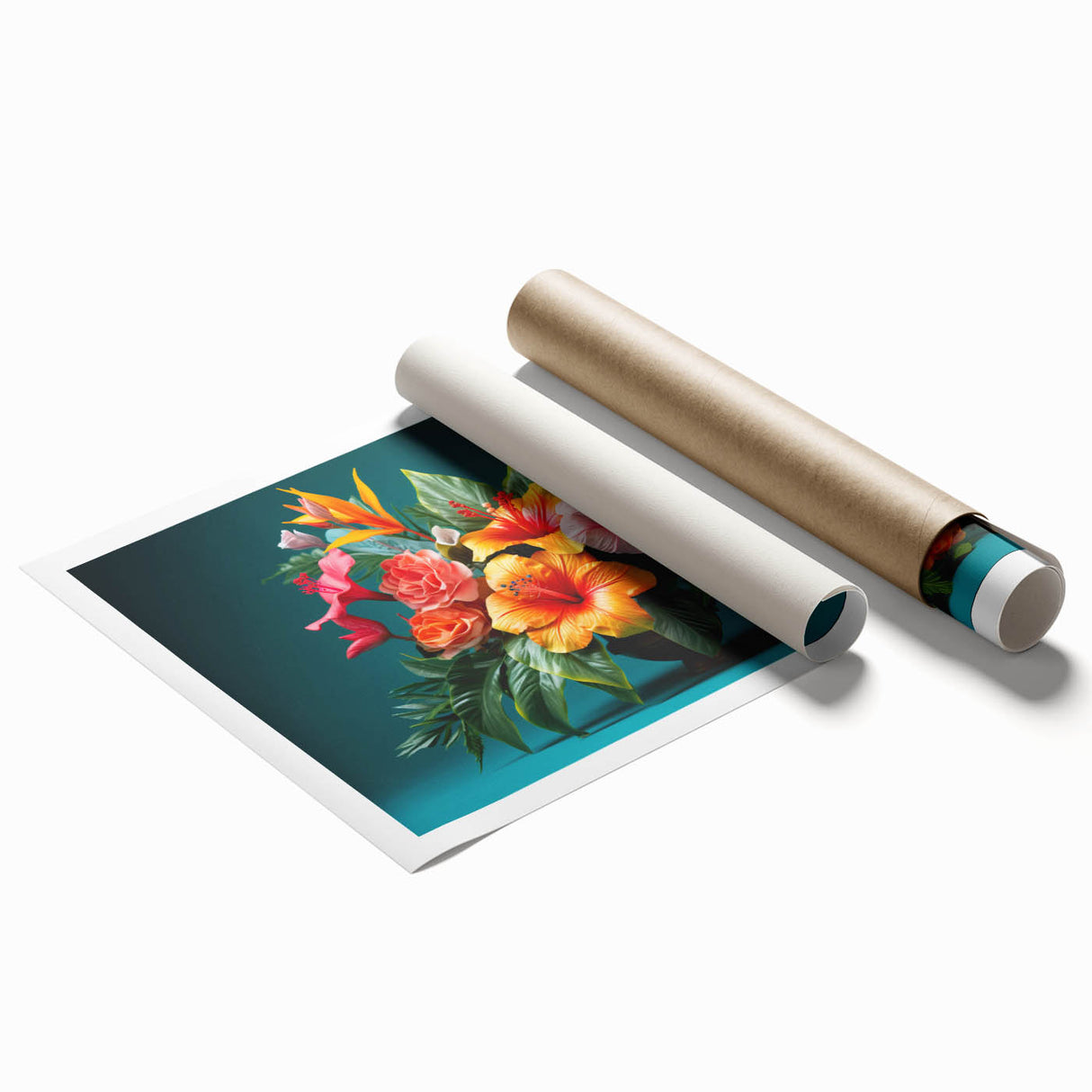Tropical botanical wall art featuring vibrant, multicolored flowers on a rolled canvas print, perfect for home decor and nature-themed interior design.