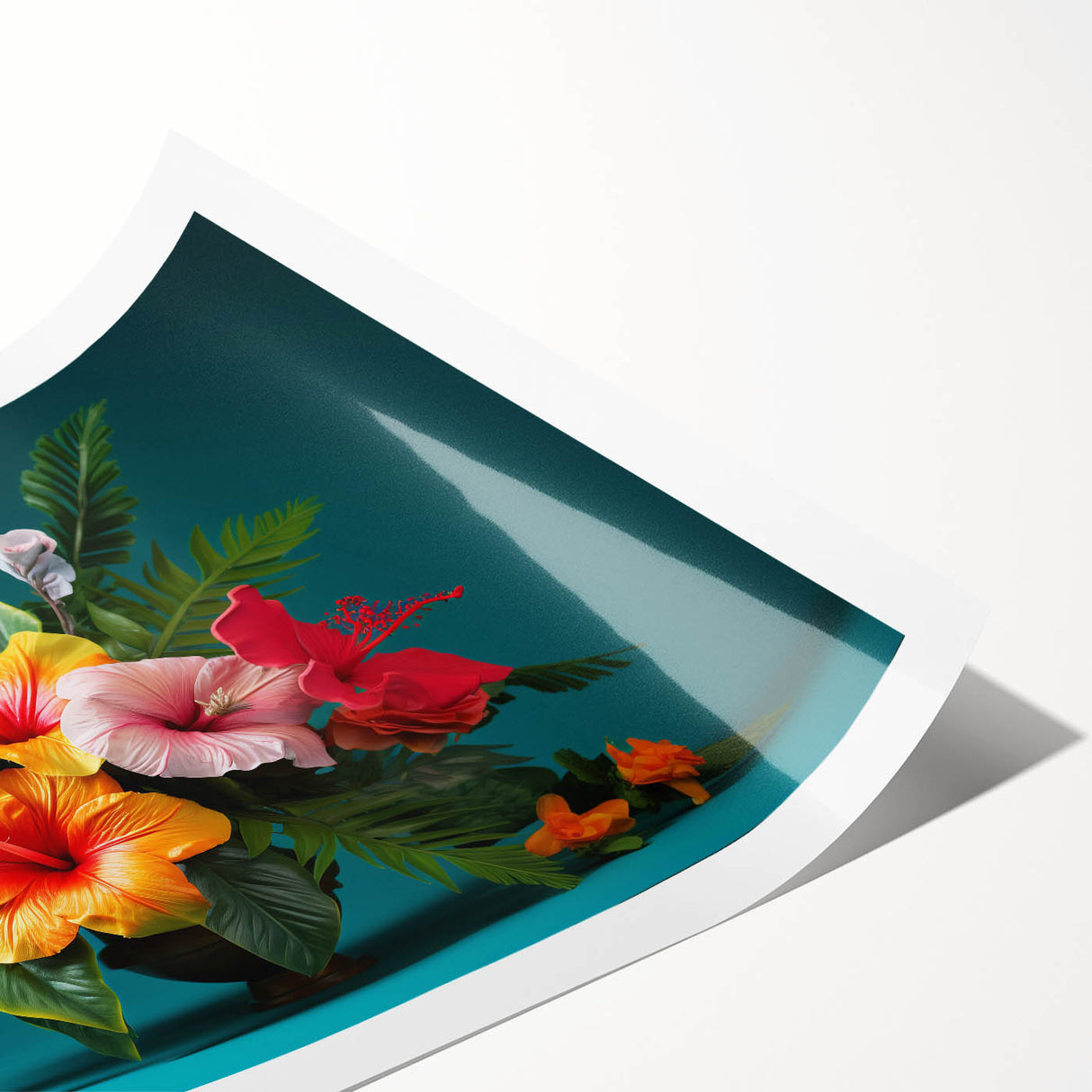 Tropical botanical wall art print showcasing vibrant multi-colored flowers, perfect for home decor. Ideal for adding a touch of nature to any space.