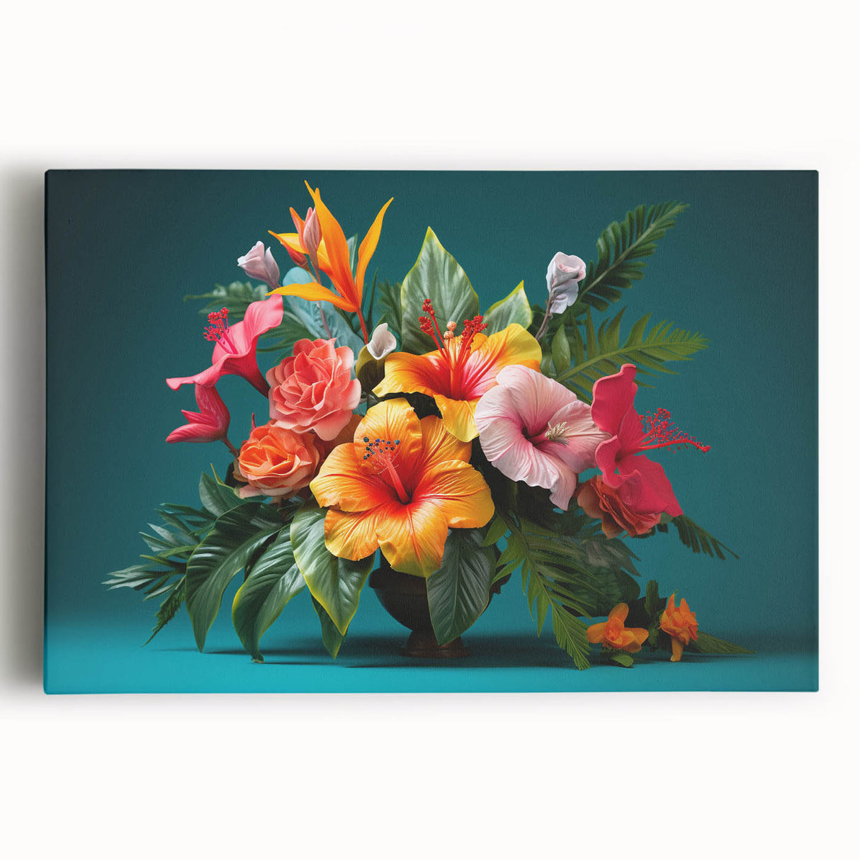 Tropical floral wall art design featuring vibrant colors, showcasing a lush botanical scene on stretched canvas, perfect for home decor.