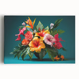 Tropical floral wall art design featuring vibrant colors, showcasing a lush botanical scene on stretched canvas, perfect for home decor.