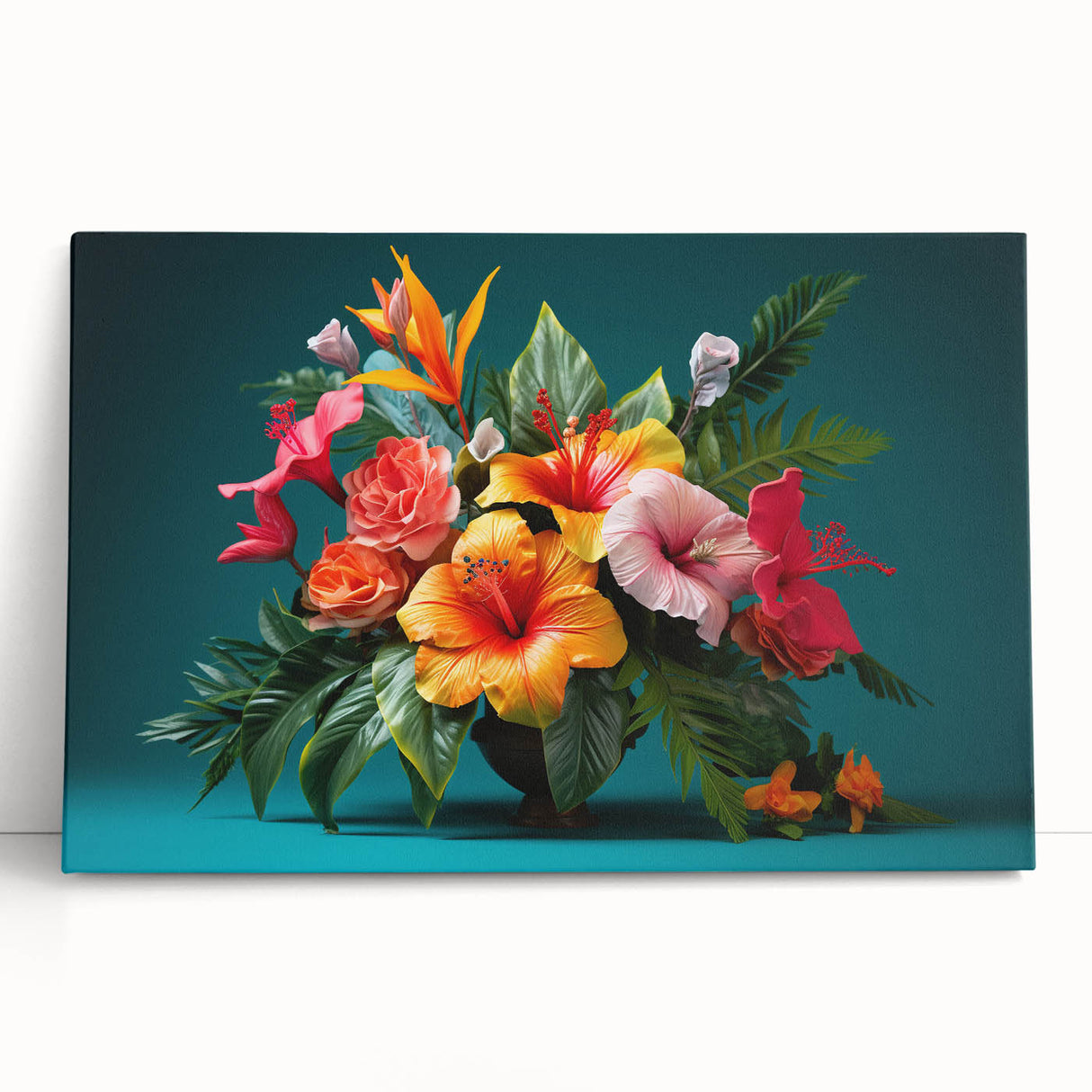 Vibrant tropical flower wall art design on stretched canvas, showcasing lush greenery and colorful blooms, perfect for enhancing any interior decor style.