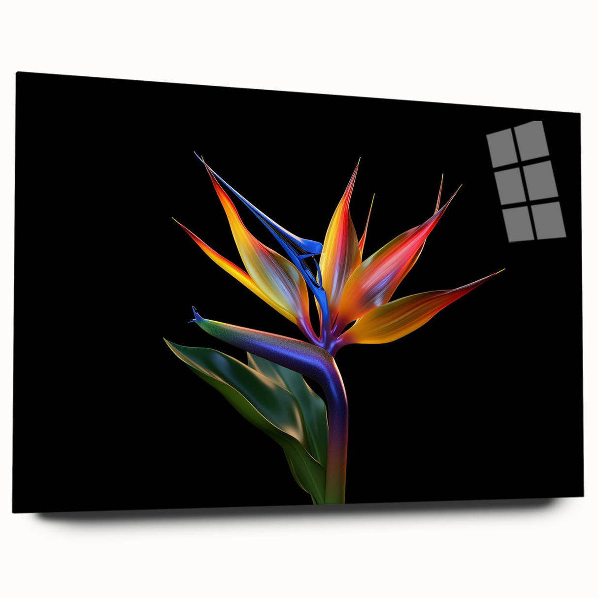 Vibrant tropical flower design wall art displayed in acrylic glass, showcasing vivid colors and intricate botanical details, perfect for modern home decor.