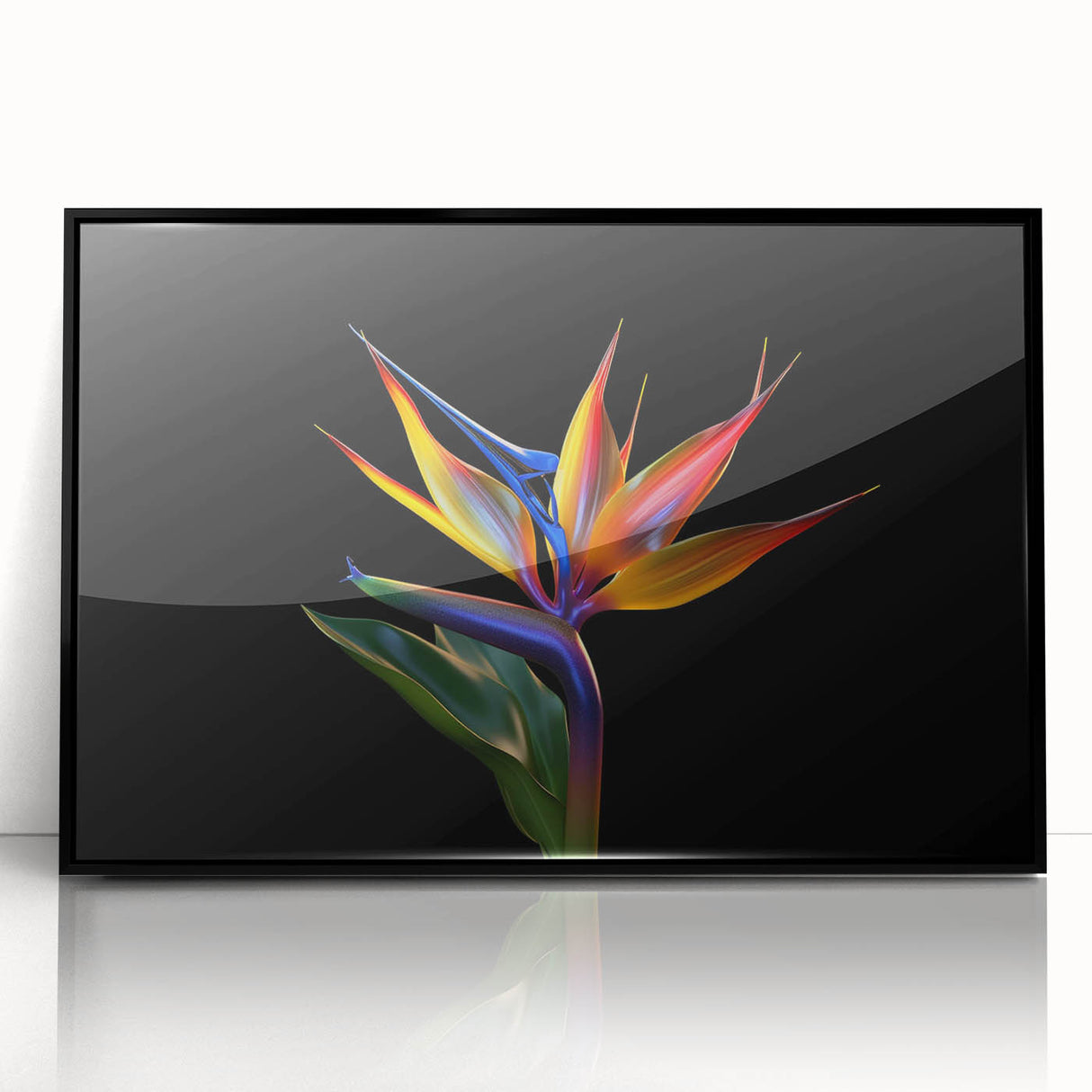 Framed wall art showcasing a vibrant tropical flower design with botanical elements, set in a sleek black frame, perfect for enhancing modern decor.