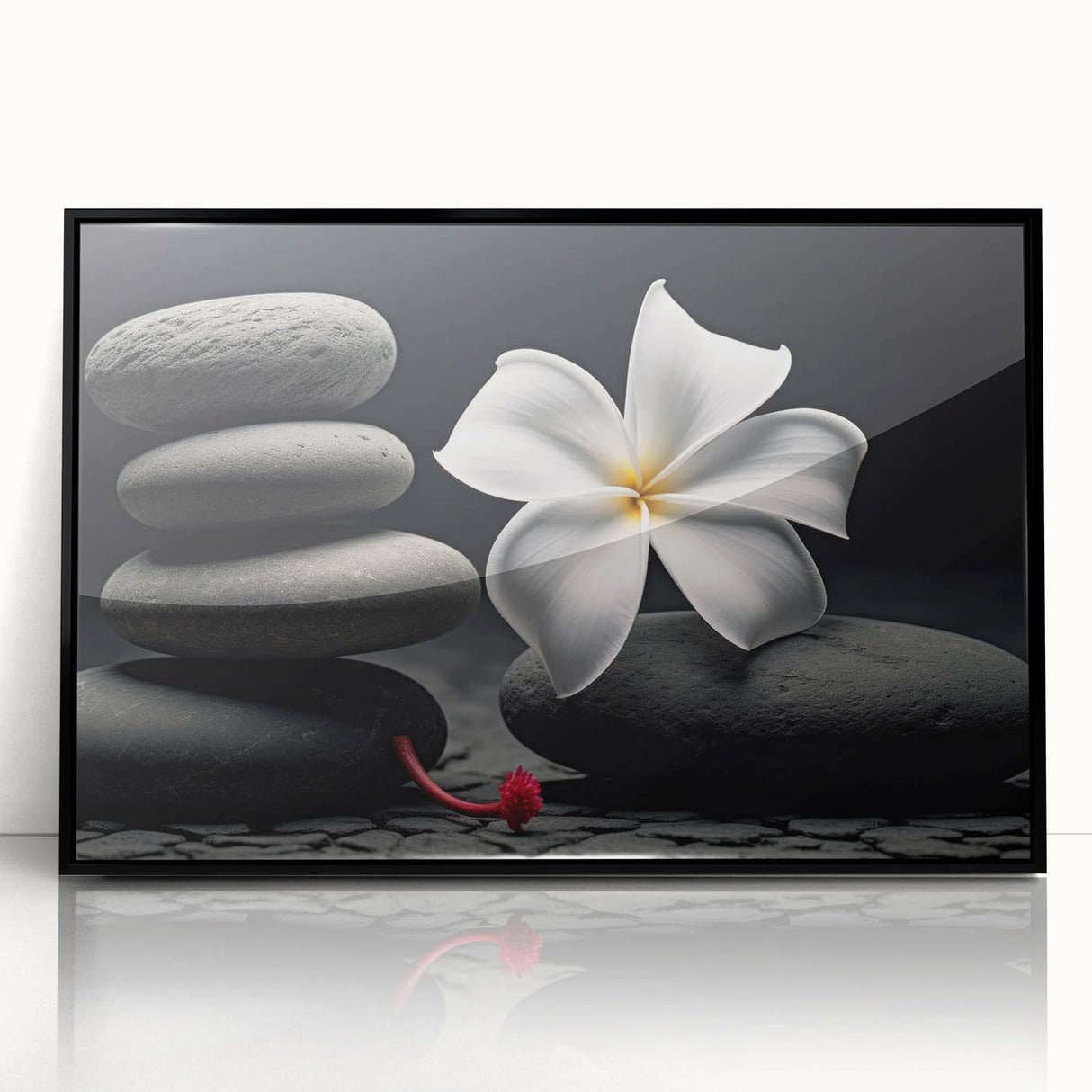 Framed botanical wall art featuring vibrant tropical flowers in a modern black frame. Ideal for home decor, adding a touch of nature and color to any room.