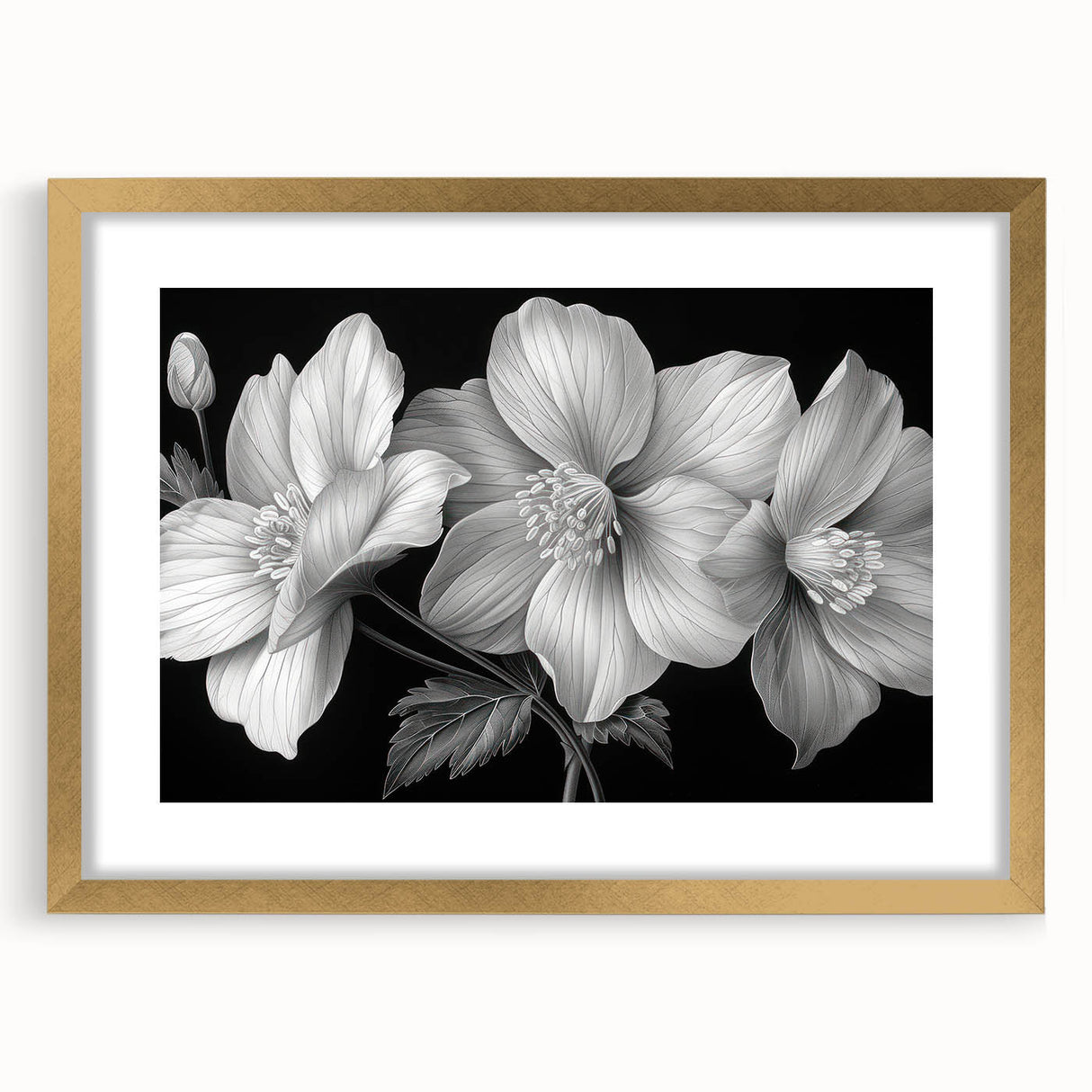 Tropical botanical wall art design featuring vibrant flowers in a gold frame with a mat, ideal for enhancing home decor with a touch of nature.