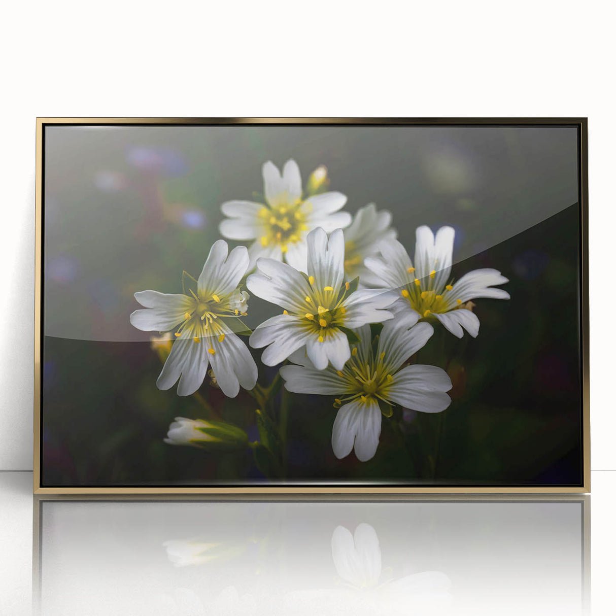 Framed botanical wall art featuring a vibrant tropical flower design with gold accents, ideal for adding a touch of nature-inspired elegance to any space.