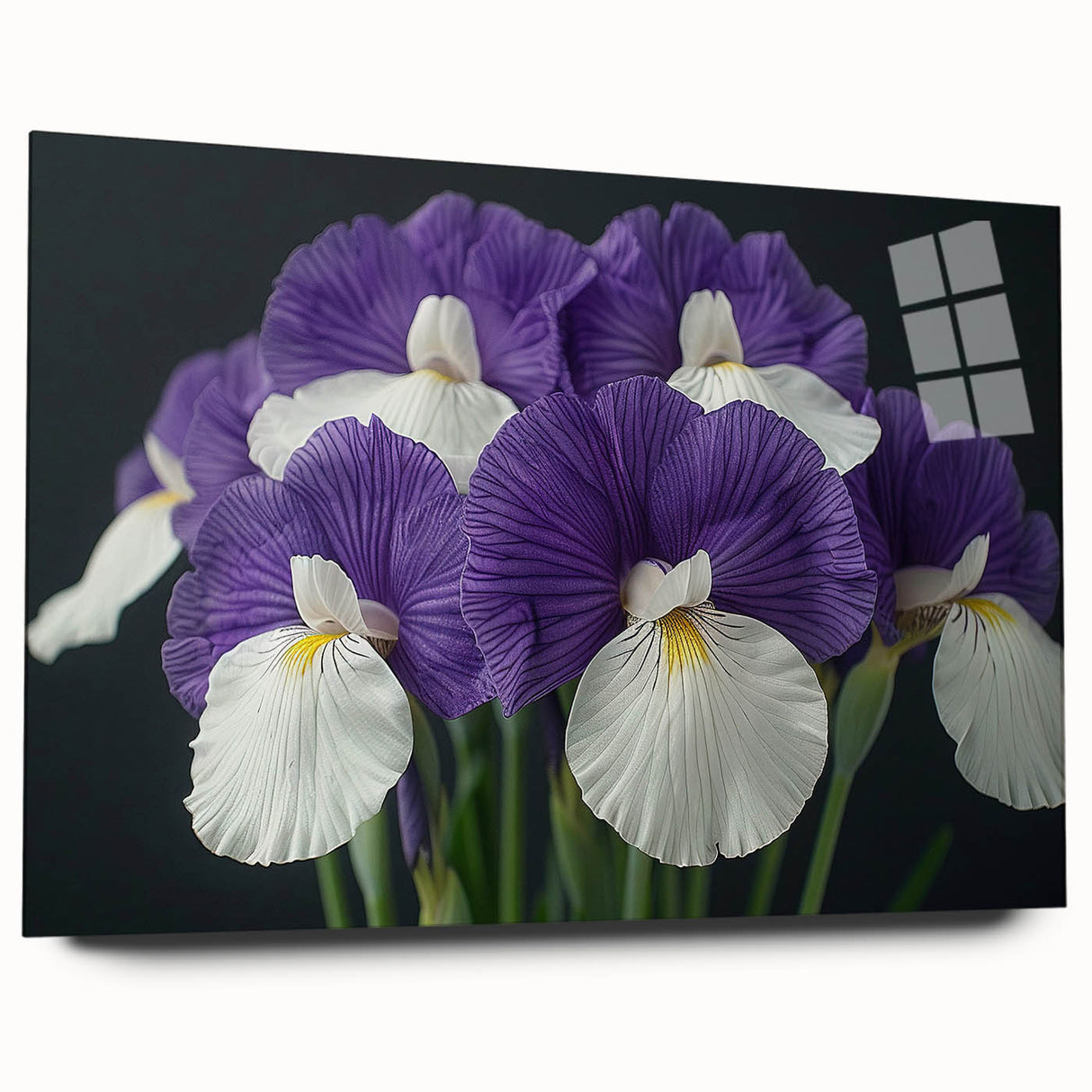 Tropical botanical wall art design featuring vibrant flowers in an acrylic glass frame, showcasing a side view without pins, perfect for home decor.