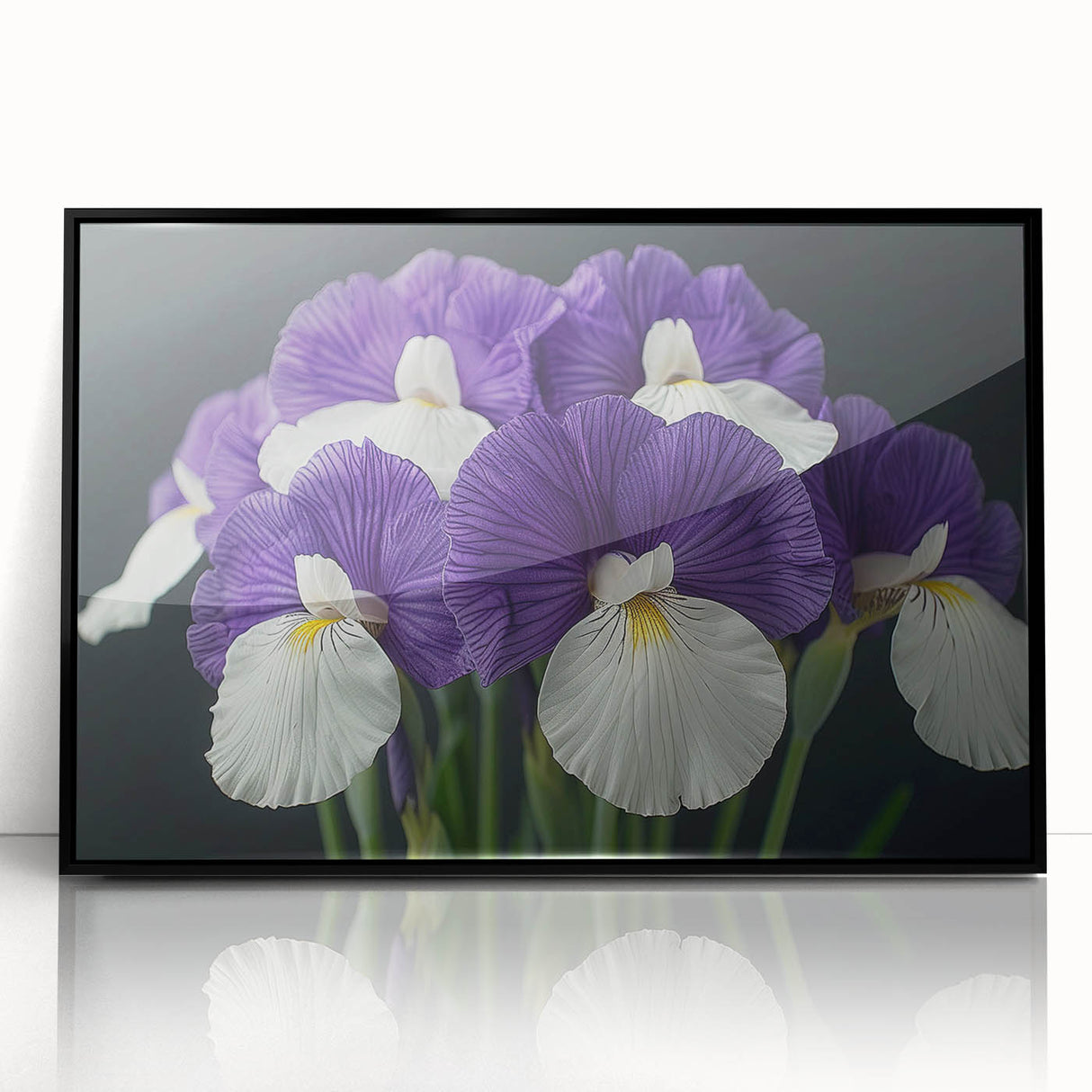 Framed wall art featuring a vibrant botanical design of tropical flowers on a black background, showcasing intricate details and vivid colors, perfect for home decor.