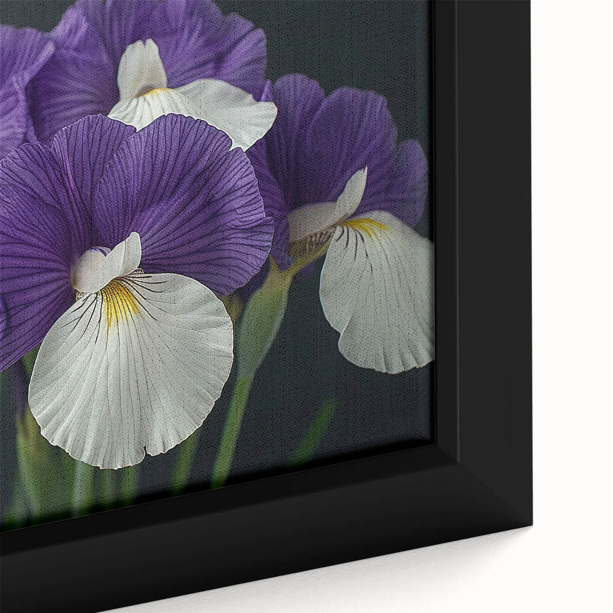 Vibrant close-up of a framed botanical tropical flower wall art piece, showcasing intricate details of lush green leaves and colorful blooms, perfect for home decor.