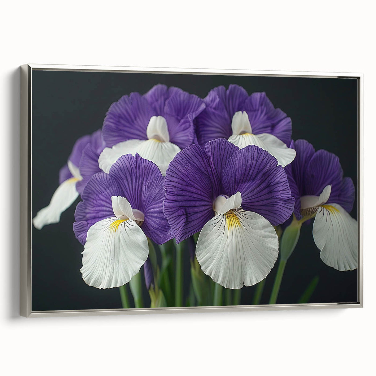 Framed canvas wall art showcasing a vibrant botanical tropical flower design in silver frame, ideal for enhancing modern home decor with a touch of nature.