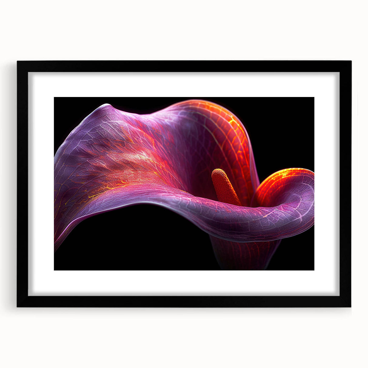 Tropical botanical wall art collection featuring vibrant floral designs in a black frame with a mat. Ideal for enhancing modern home decor.