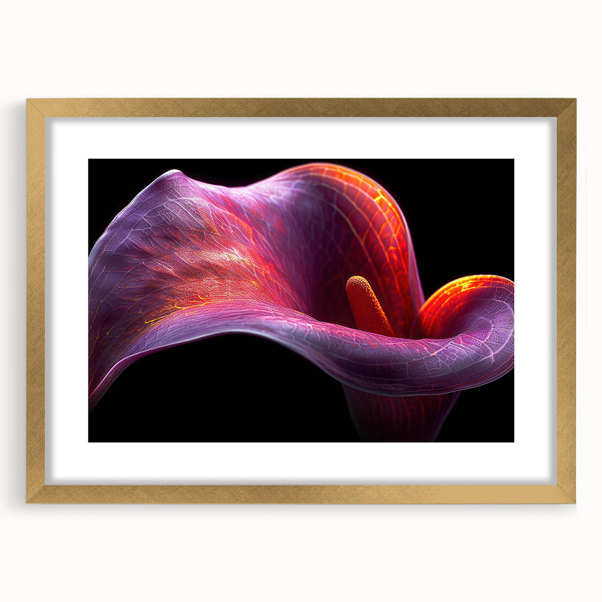 Tropical botanical wall art collection featuring vibrant flowers in a gold frame with a mat, showcasing a modern design perfect for home decor.