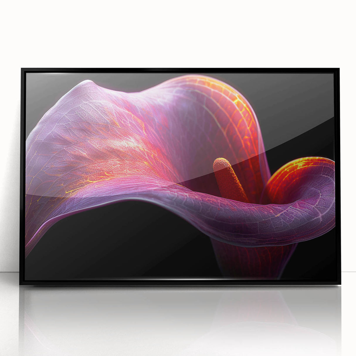 Framed wall art showcasing a vibrant botanical tropical flower design with a black frame, ideal for home decor and enhancing interior aesthetics.