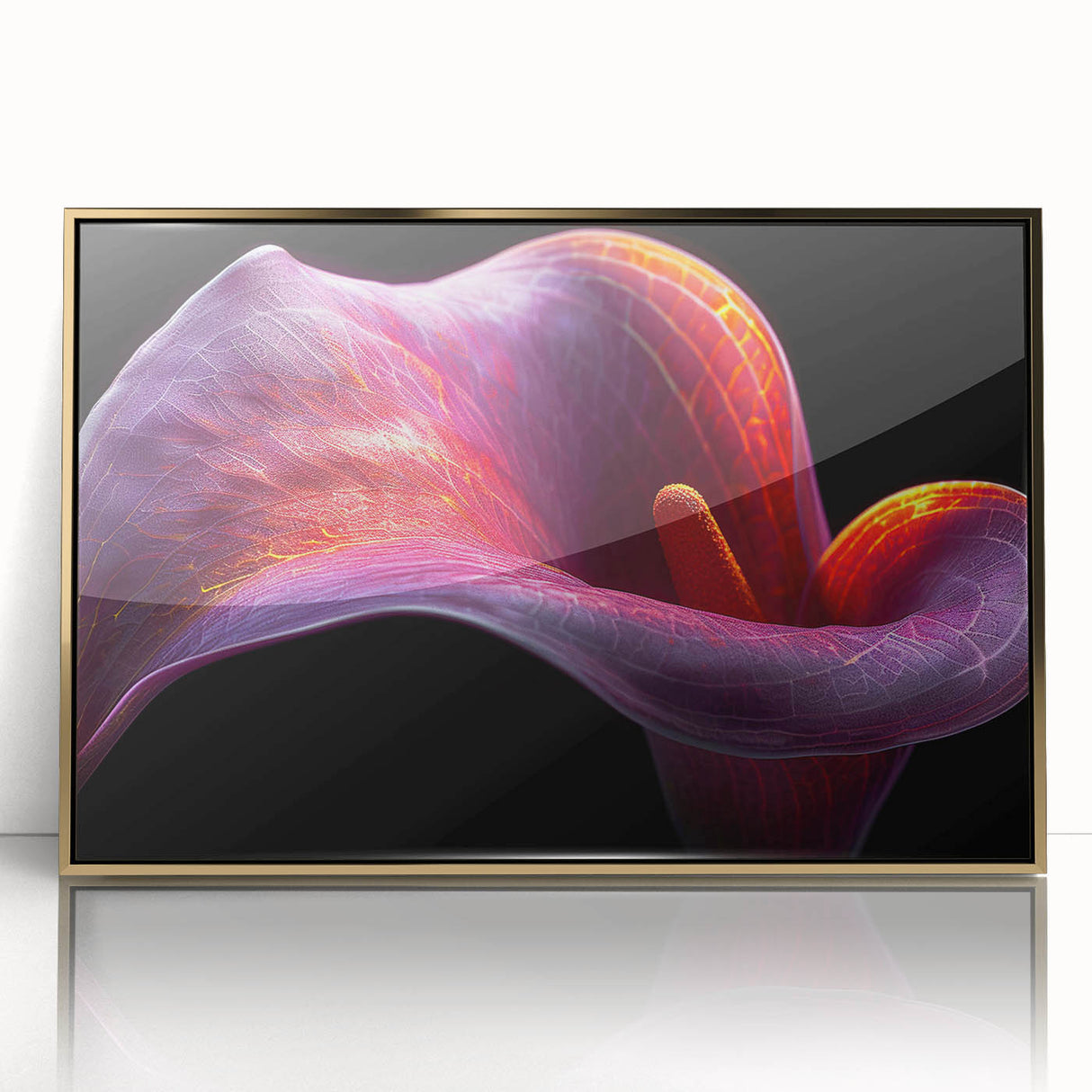 Framed wall art showcasing a colorful botanical tropical flower design with a gold-acrylic frame, perfect for enhancing modern home decor.