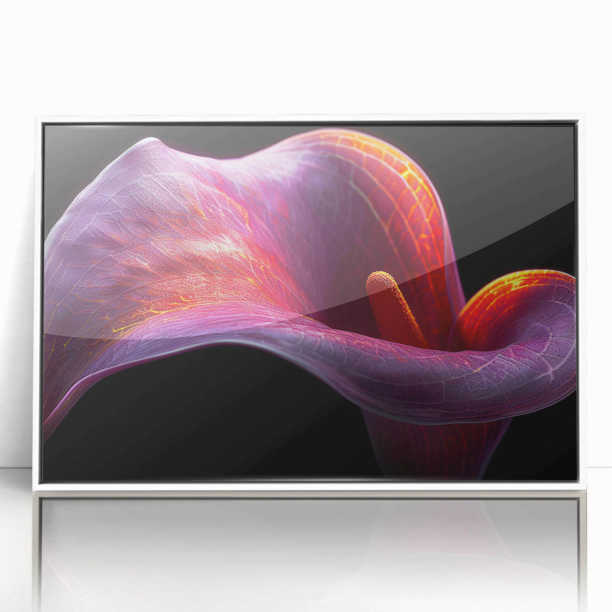 Framed wall art featuring a vibrant tropical botanical flower design, showcasing intricate details in vivid colors against a sleek white background, perfect for home decor.