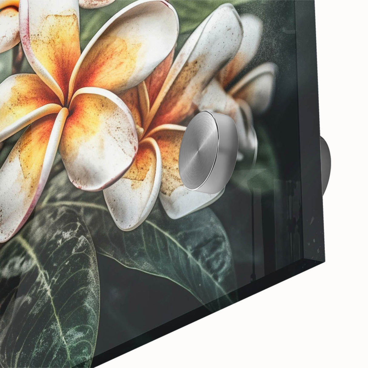 Close-up of vibrant botanical tropical flower wall art design featuring detailed petals and lush greenery, perfect for home decor or gallery display.