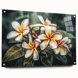 Tropical floral wall art design displayed in an acrylic glass frame, showcasing vibrant colors and intricate details of exotic flowers, ideal for home decor.