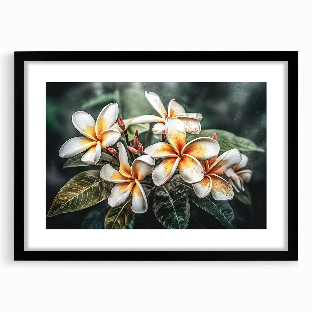Tropical botanical wall art featuring vibrant flowers in a black frame with a matte finish, ideal for home decor, showcasing nature's beauty and color.