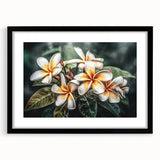 Tropical botanical wall art featuring vibrant flowers in a black frame with a matte finish, ideal for home decor, showcasing nature's beauty and color.