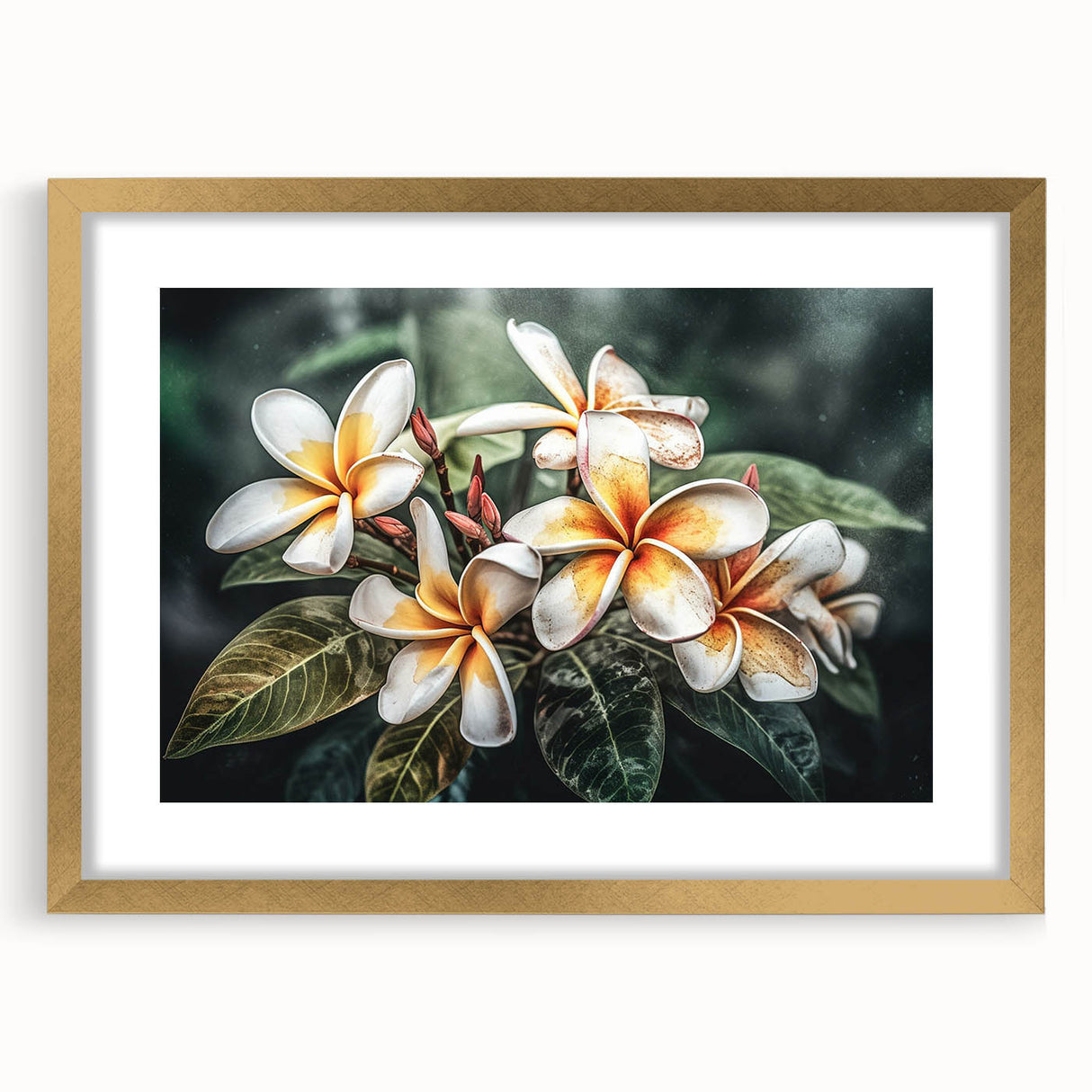 Framed botanical wall art featuring a vibrant tropical flower design with a gold mat, perfect for home decor. Ideal for enhancing living spaces with a touch of nature.