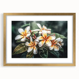 Framed botanical wall art featuring a vibrant tropical flower design with a gold mat, perfect for home decor. Ideal for enhancing living spaces with a touch of nature.