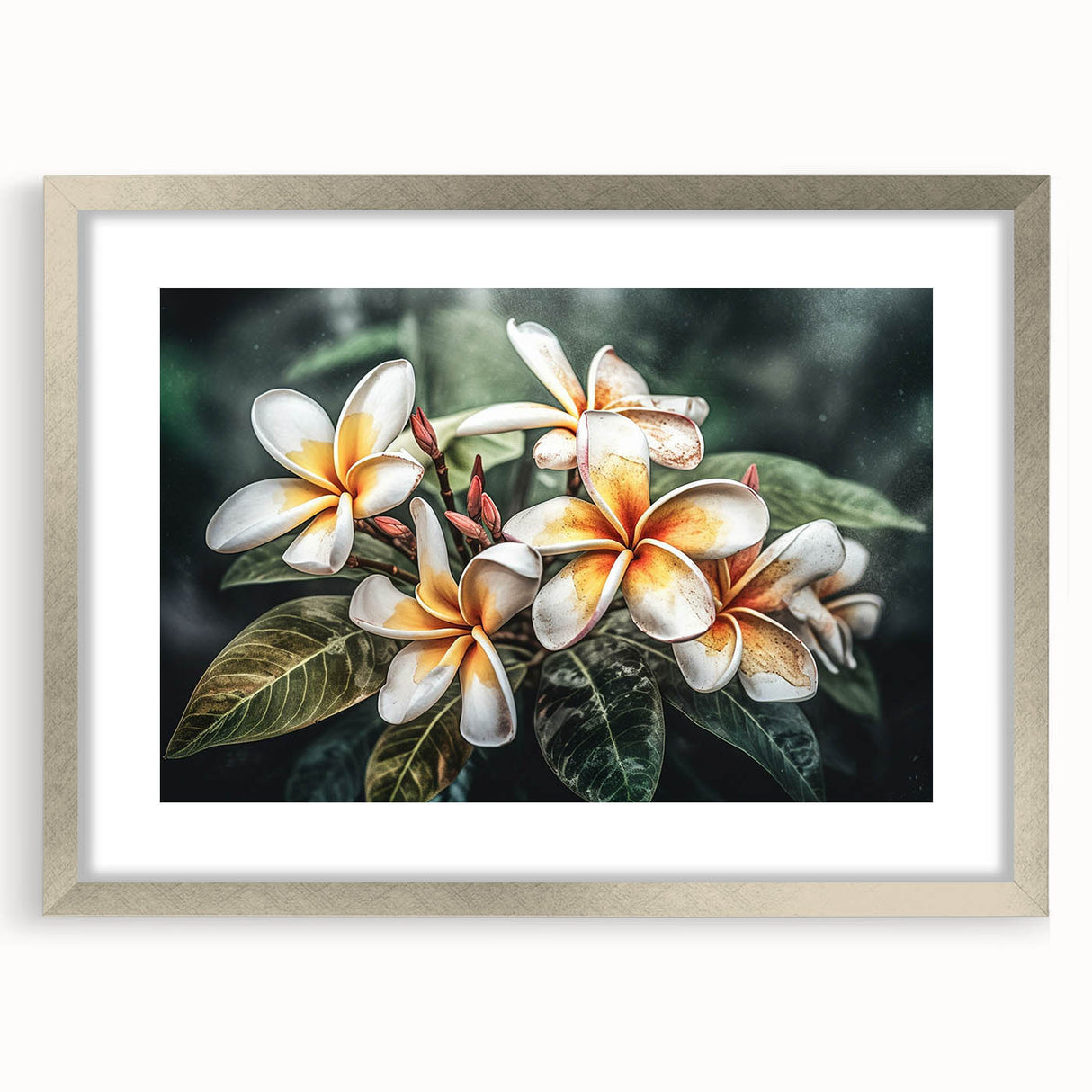 Tropical botanical wall art featuring vibrant, colorful flowers in a silver frame with a mat, ideal for enhancing home decor with a touch of nature.