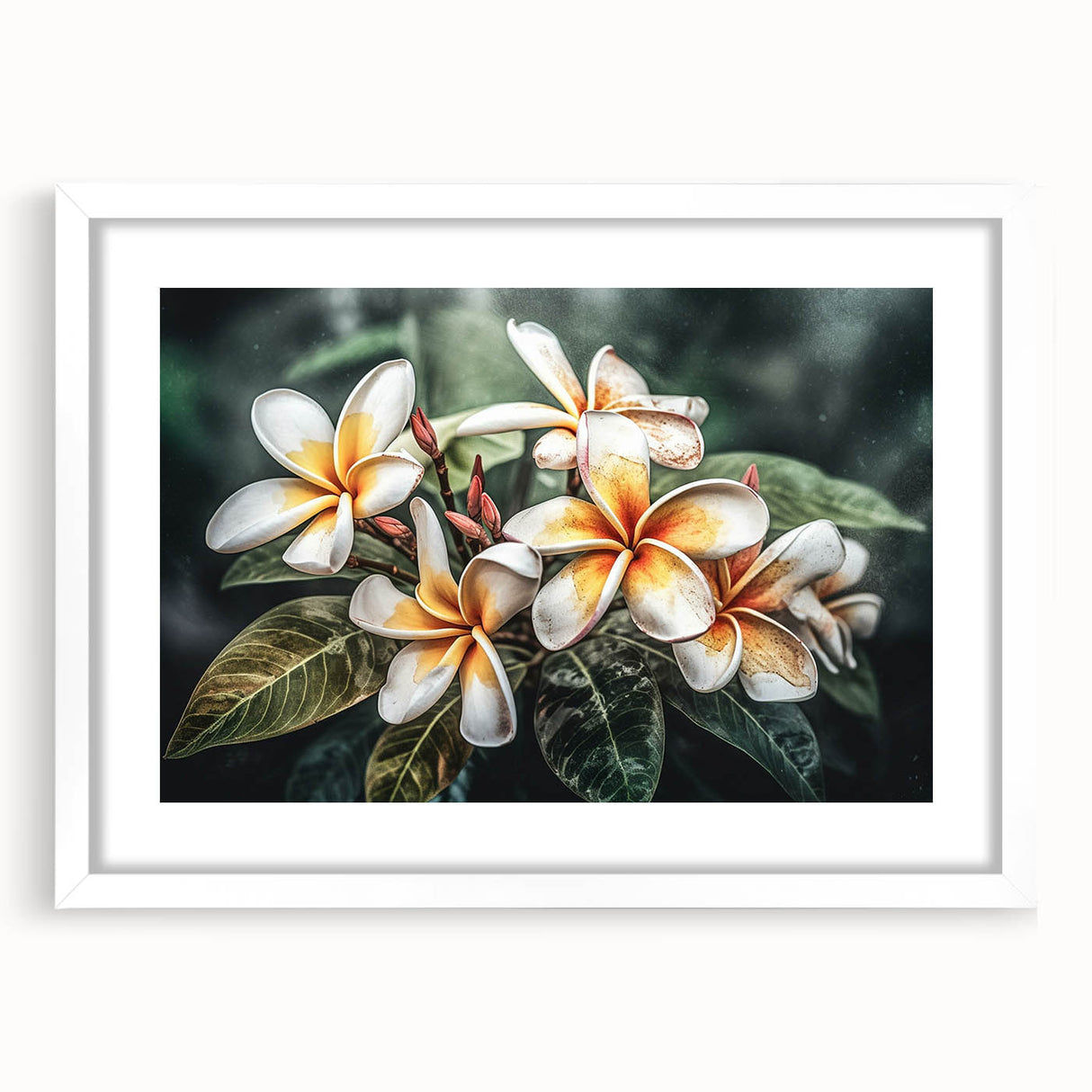 Tropical botanical wall art collection featuring vibrant flowers in a white frame with a mat, perfect for enhancing home decor and adding a fresh, lively touch.