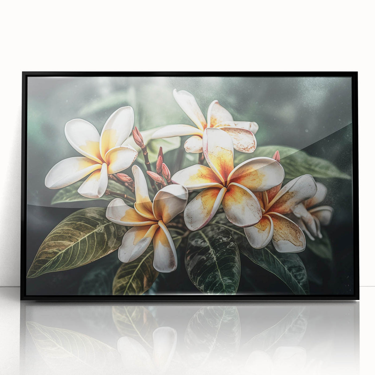 Framed wall art showcasing a vibrant botanical tropical flower design with a black frame, ideal for enhancing home decor with a touch of nature's elegance.