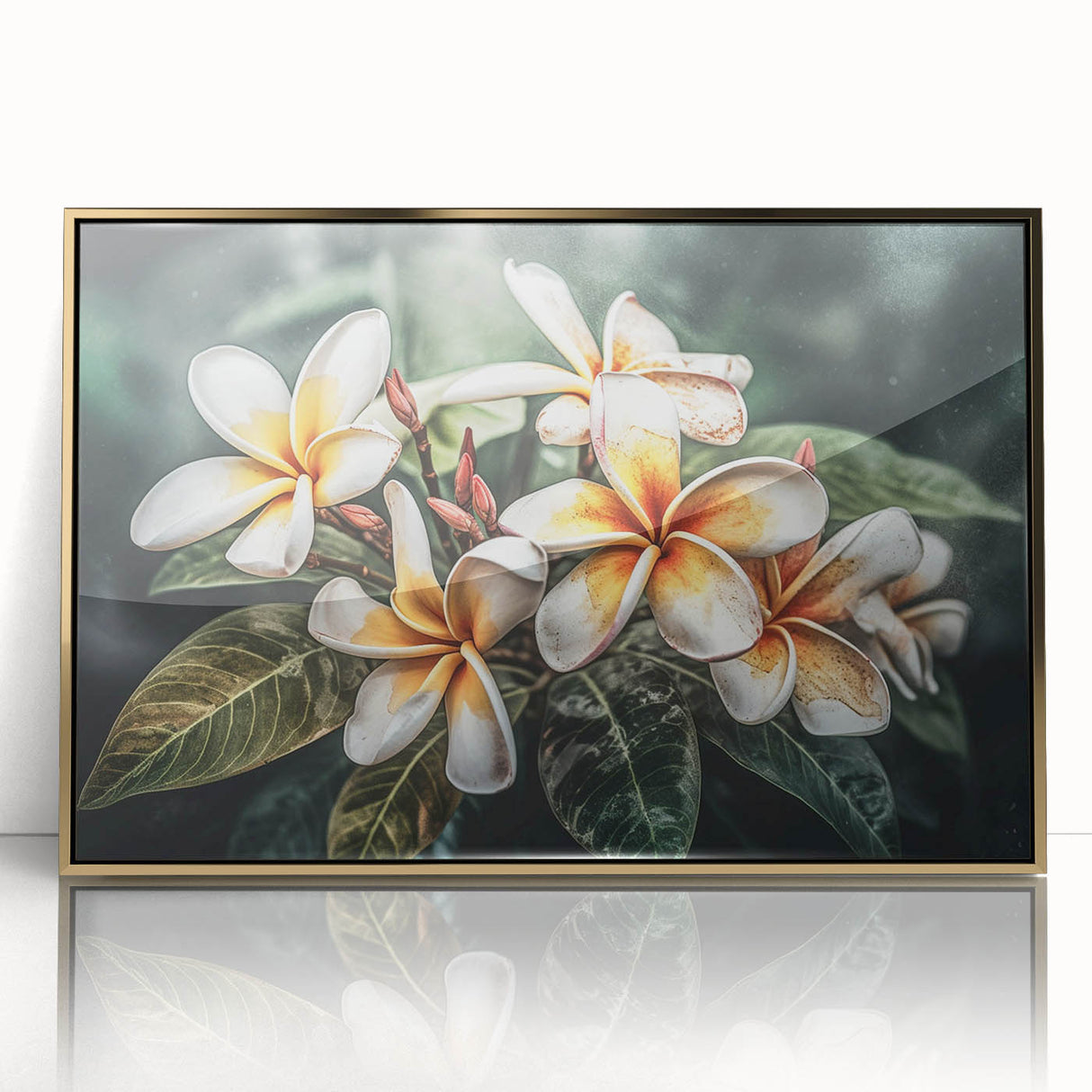 Framed wall art showcasing a vibrant botanical tropical flower design in gold-accented acrylic, perfect for adding a touch of elegance to any interior decor.