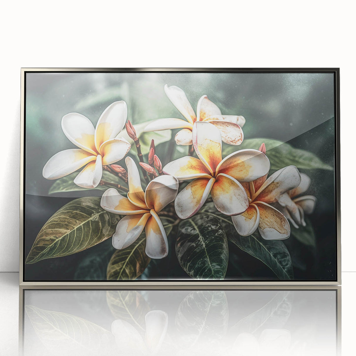 Framed wall art featuring a vibrant botanical tropical flower design, showcased in a sleek silver frame, perfect for enhancing modern decor.