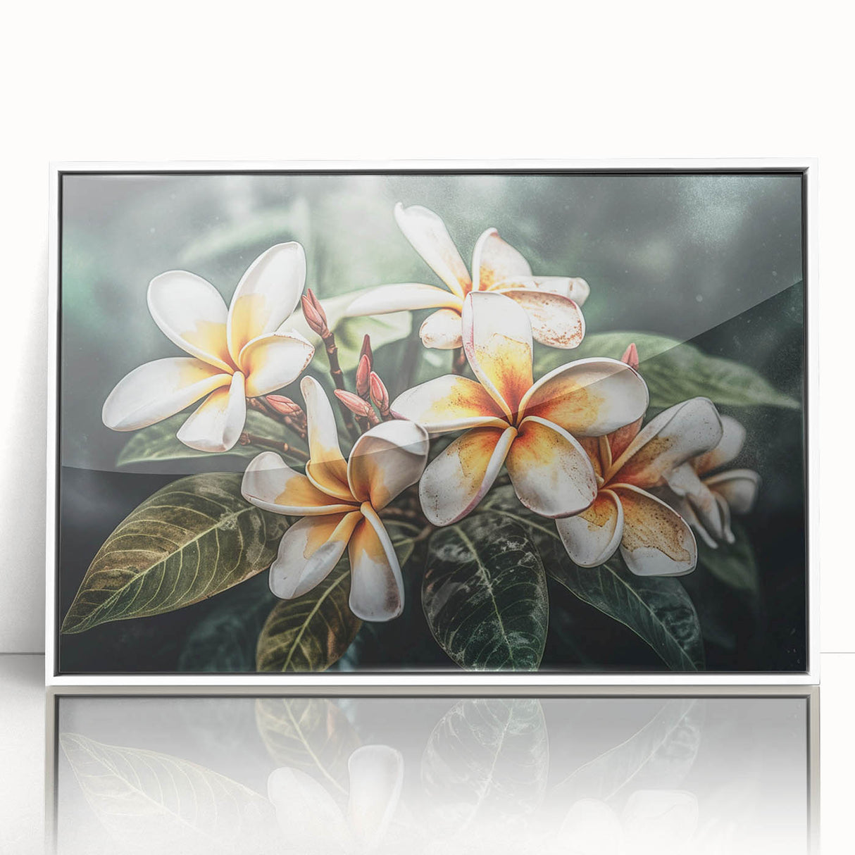 Framed wall art showcasing a vibrant botanical design featuring tropical flowers in vivid colors, set against a sleek white background, ideal for home decor.