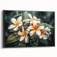Framed wall art featuring a vibrant botanical tropical flower design with lush green leaves and a black frame, ideal for adding a touch of nature to home decor.