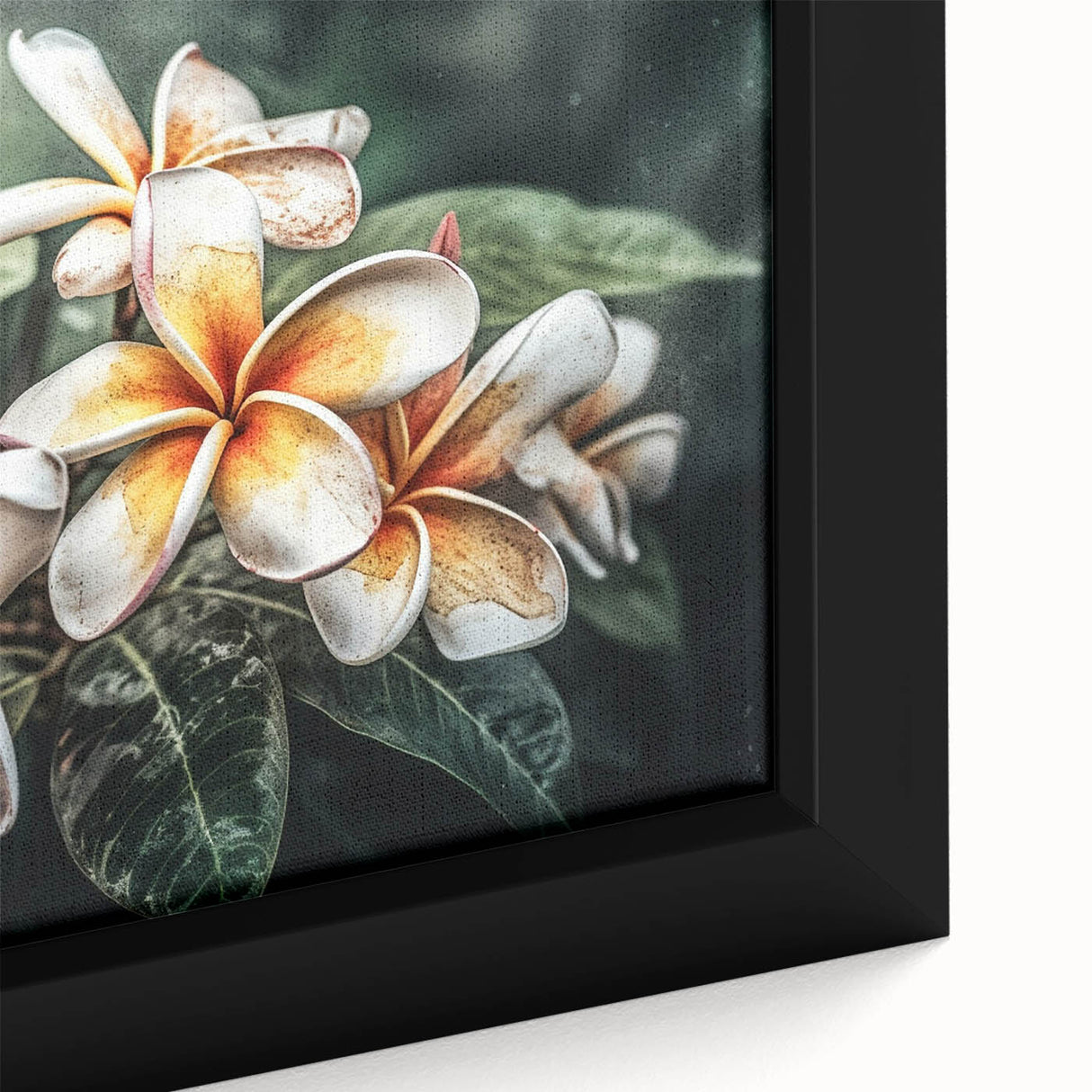 Close-up of a vibrant, framed botanical tropical flower design featuring lush green leaves and colorful blooms, ideal for enhancing home decor with a natural touch.