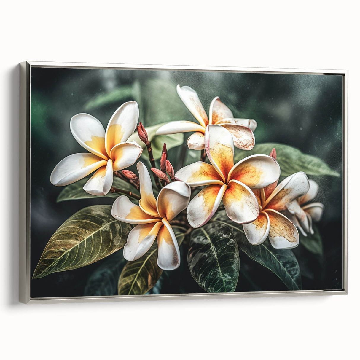 Framed wall art showcasing a vibrant botanical tropical flower design in a silver frame, perfect for enhancing home decor with a touch of nature.