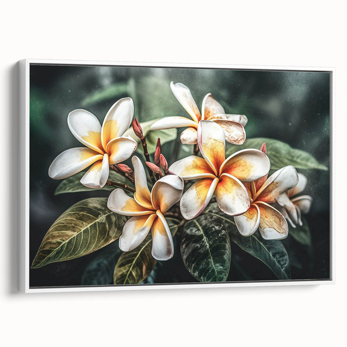 Framed wall art featuring a botanical tropical flower design in vibrant colors, displayed from a side view, perfect for enhancing home decor aesthetics.