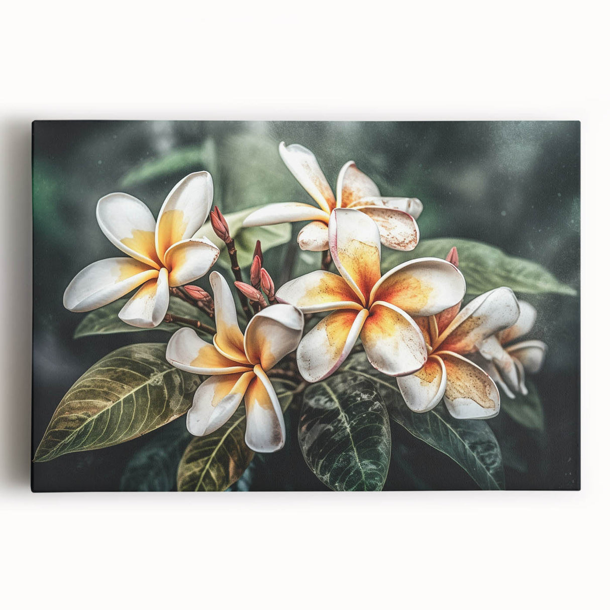 Vibrant tropical botanical wall art featuring colorful flowers on a stretched canvas, ideal for home decor, showcasing a bright and lively design.
