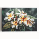 Vibrant tropical botanical wall art featuring colorful flowers on a stretched canvas, ideal for home decor, showcasing a bright and lively design.