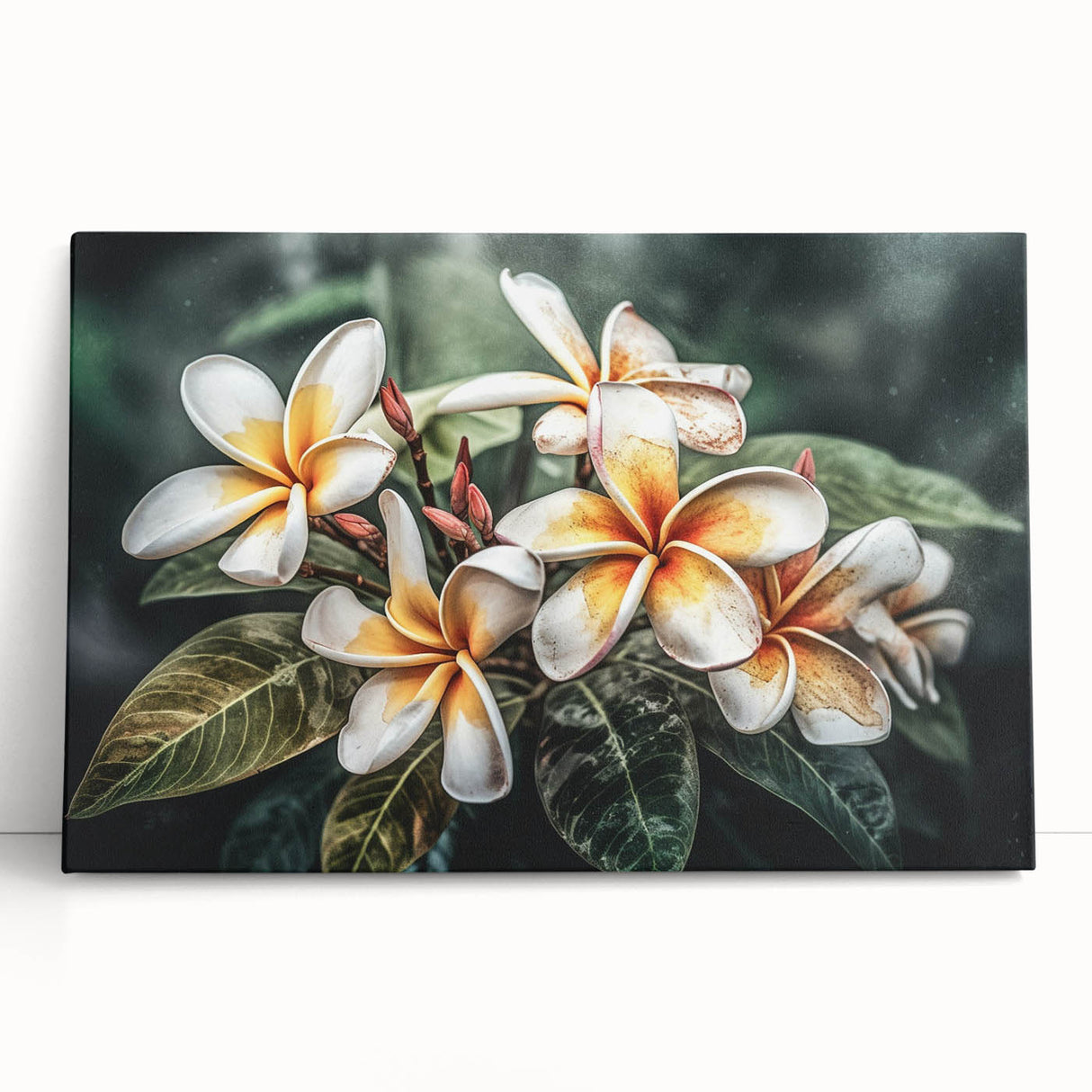 Tropical floral wall art design showcasing vibrant hibiscus and monstera leaves on stretched canvas, ideal for enhancing home decor with a botanical theme.