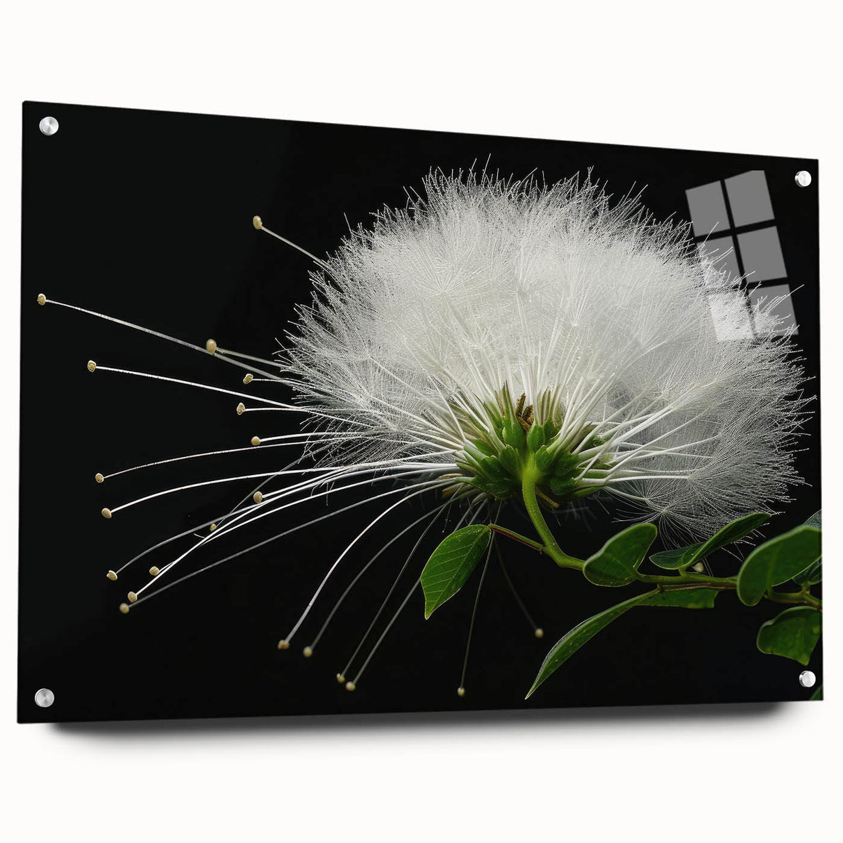 Tropical botanical wall art featuring vibrant pink and green flowers displayed in acrylic glass, showcasing a modern design with pin mounts for easy hanging.