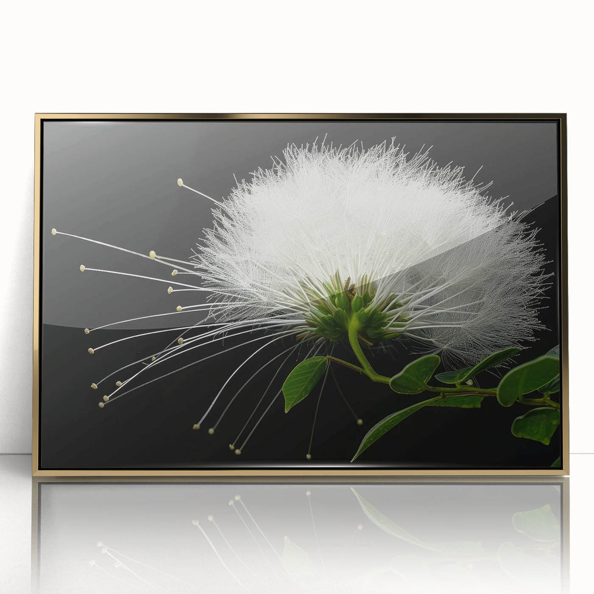 Framed wall art showcasing a vibrant tropical botanical flower design with gold accents, perfect for enhancing modern decor in living spaces.